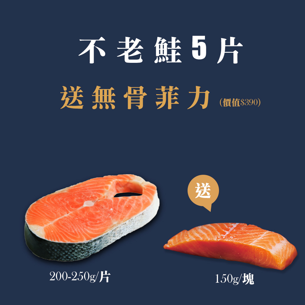 不老鮭輪切 200-250g 5片，送不老鮭菲力 150g 1塊 (價值$390)