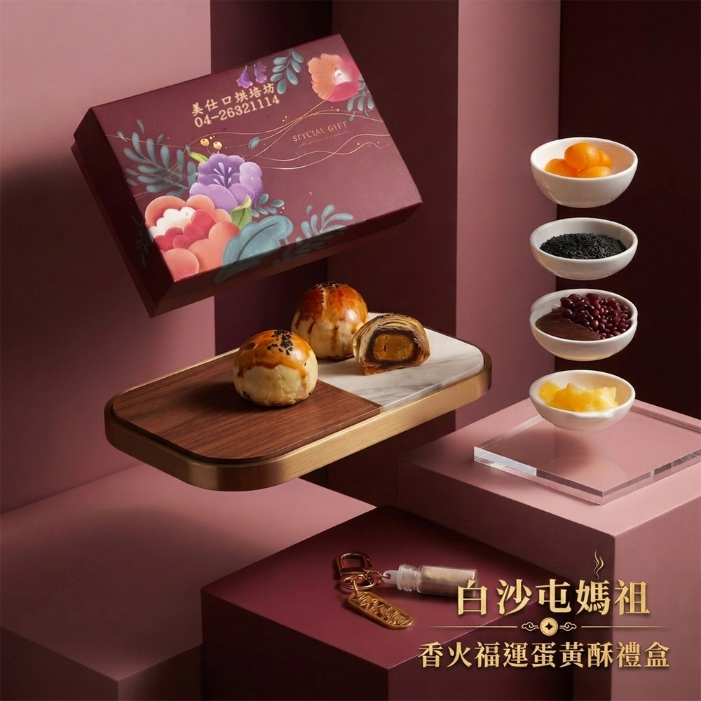 【2026白沙屯媽祖】福運圓滿蛋黃酥月餅禮盒（蛋黃酥+香火幸運瓶鑰匙圈）（附提袋）